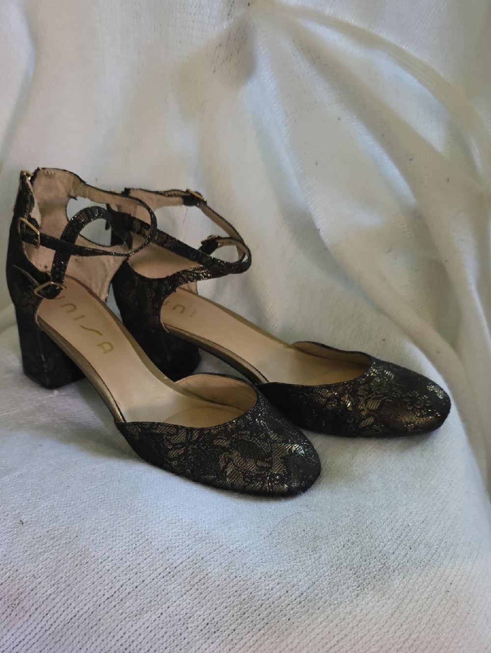Unisa Black and Gold Lace Double Ankle-Strap Block Heels Size 9